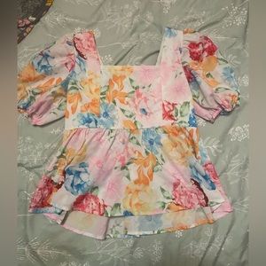 Colorful flower puff sleeve top